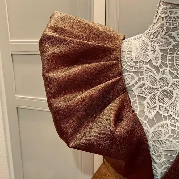 RONNY KOBO Calin Metallic Puffed Shoulders Iridescent Lame Tiered Mini Dress NWT - Picture 13 of 16